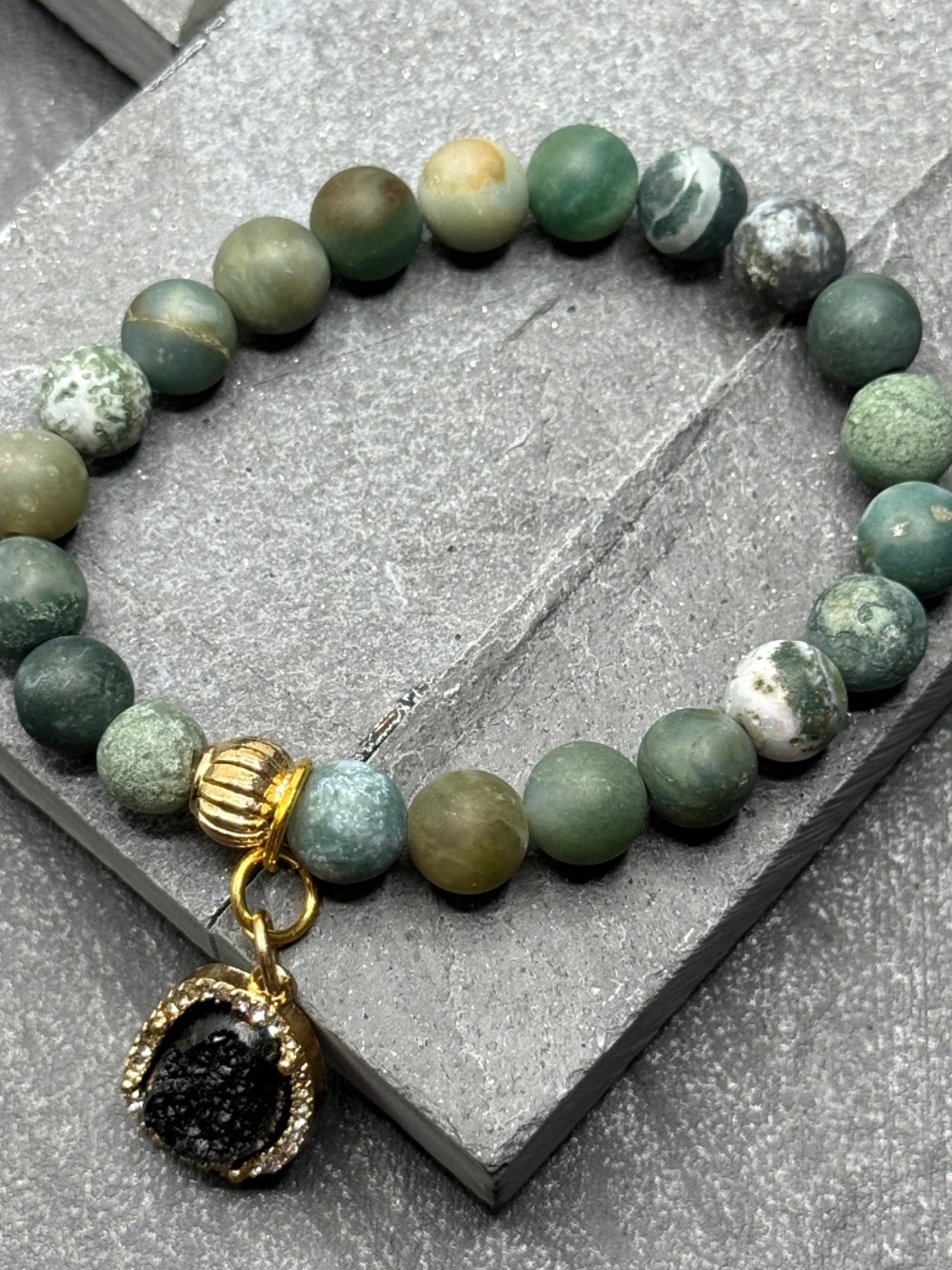 Agate Gemstone Bracelet: Green Earth Tones, Gold Charm, Handmade & Designed
